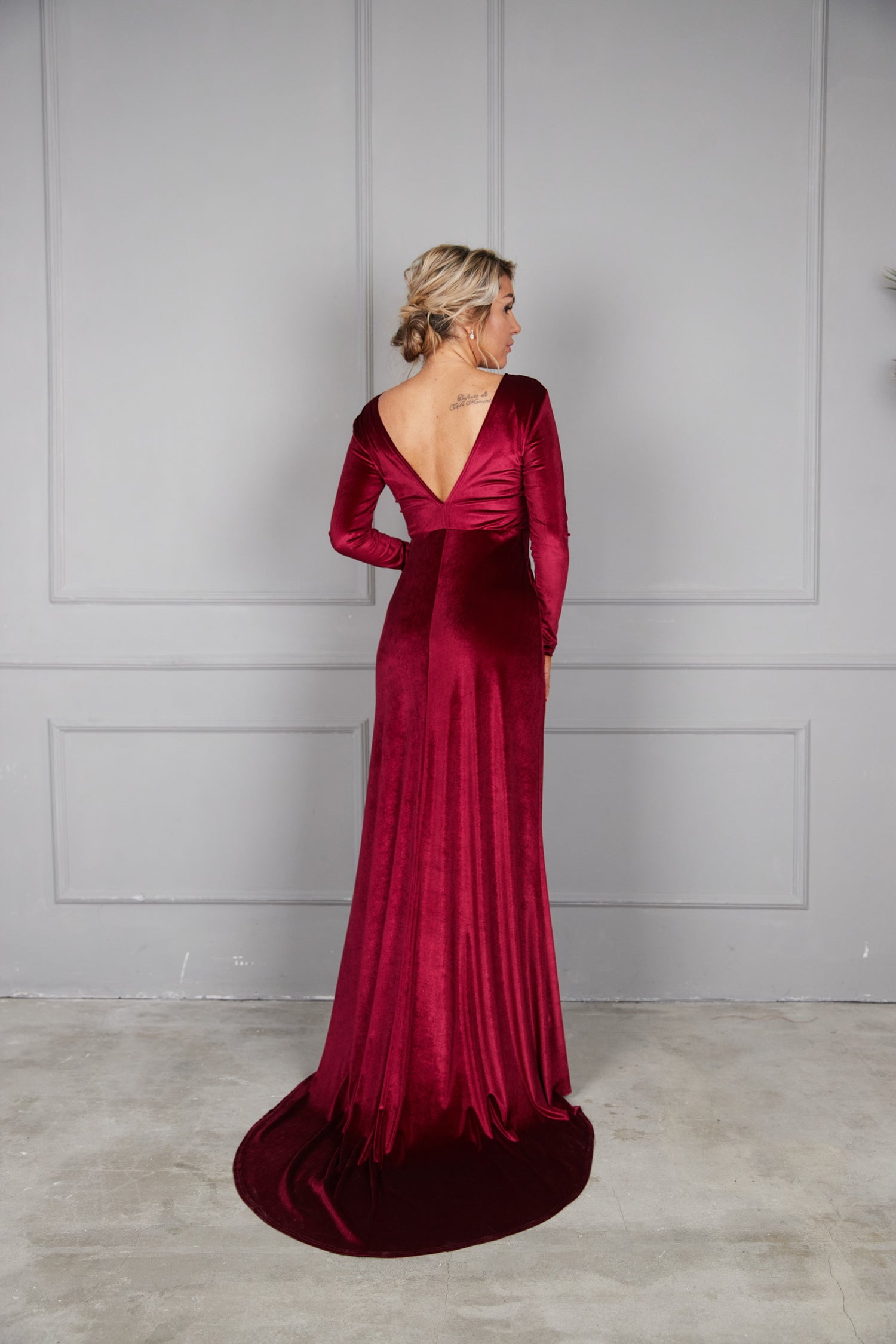 Bridesmaid Open Back Velvet Dress with Train