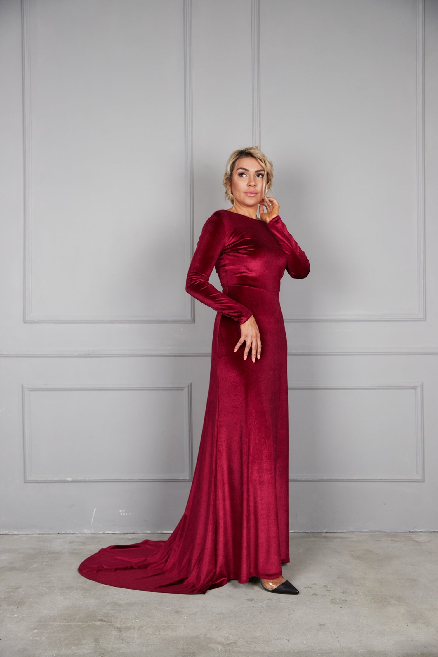 Bridesmaid Open Back Velvet Dress with Train