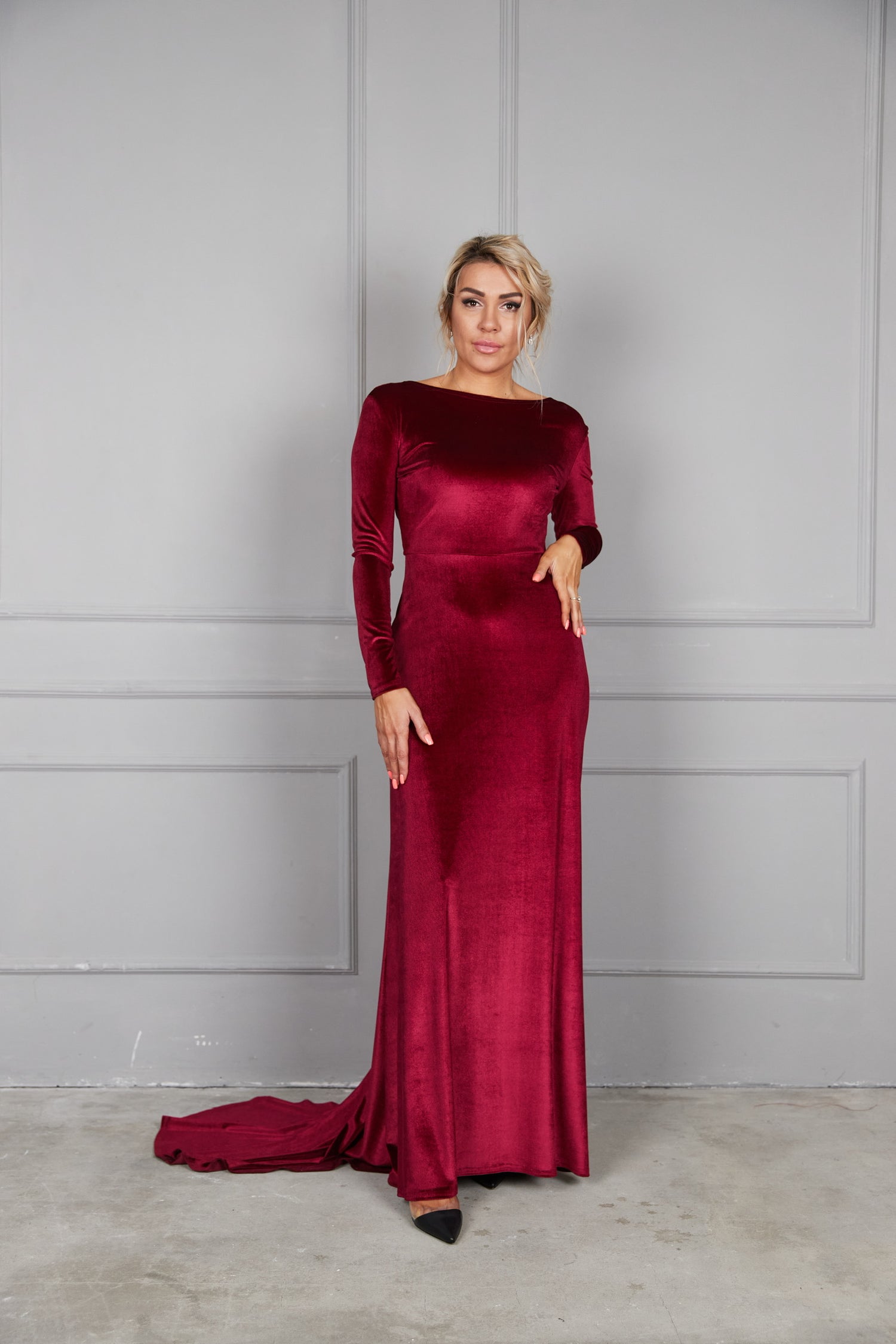 Bridesmaid Open Back Velvet Dress with Train