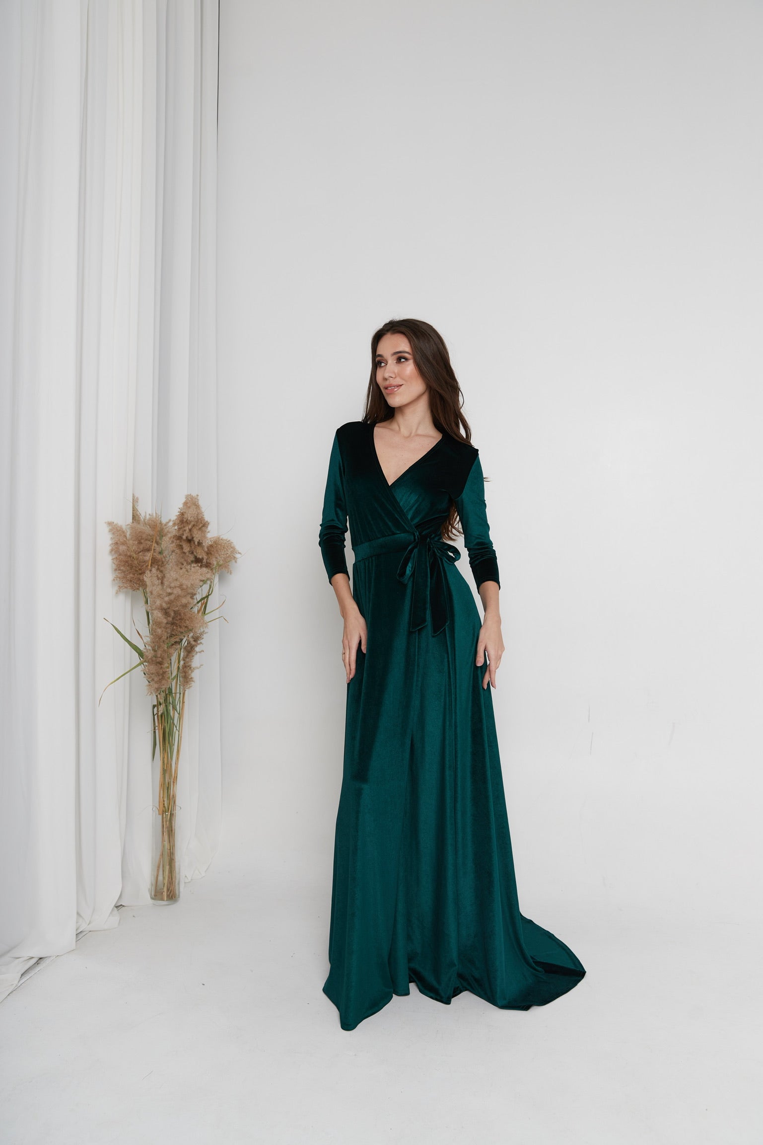 Bridesmaid Black Velvet V Neck Wrap Dress