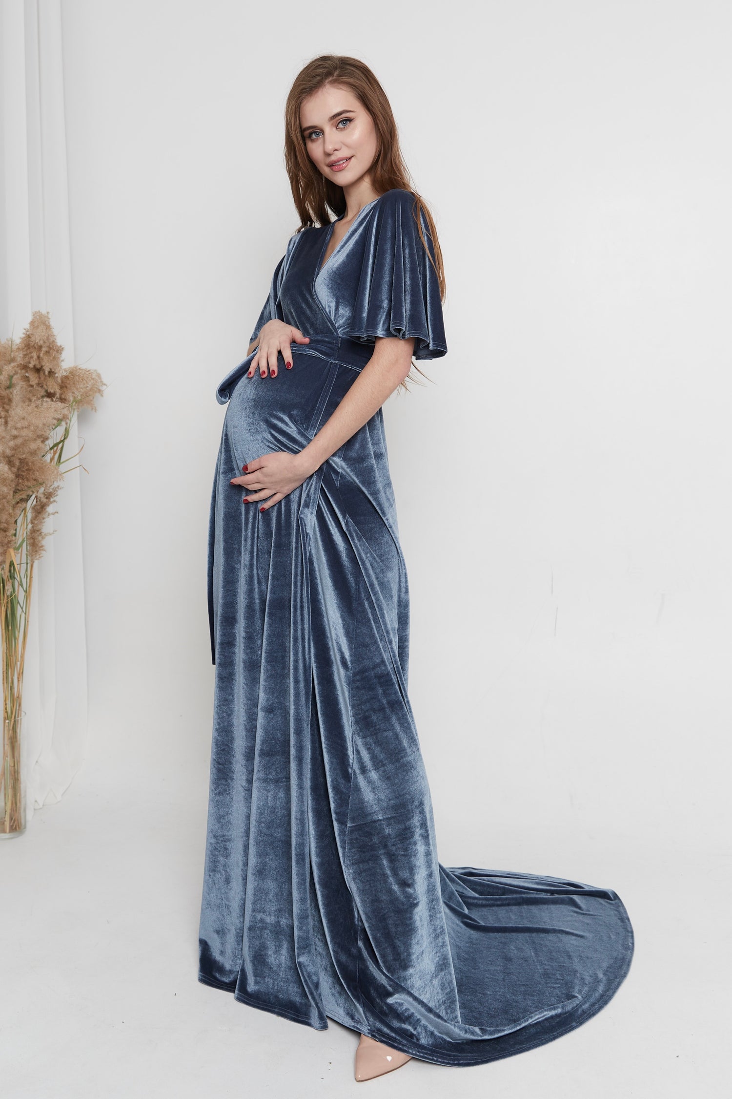 Maternity Velvet Wrap Flutter Sleeve Dress