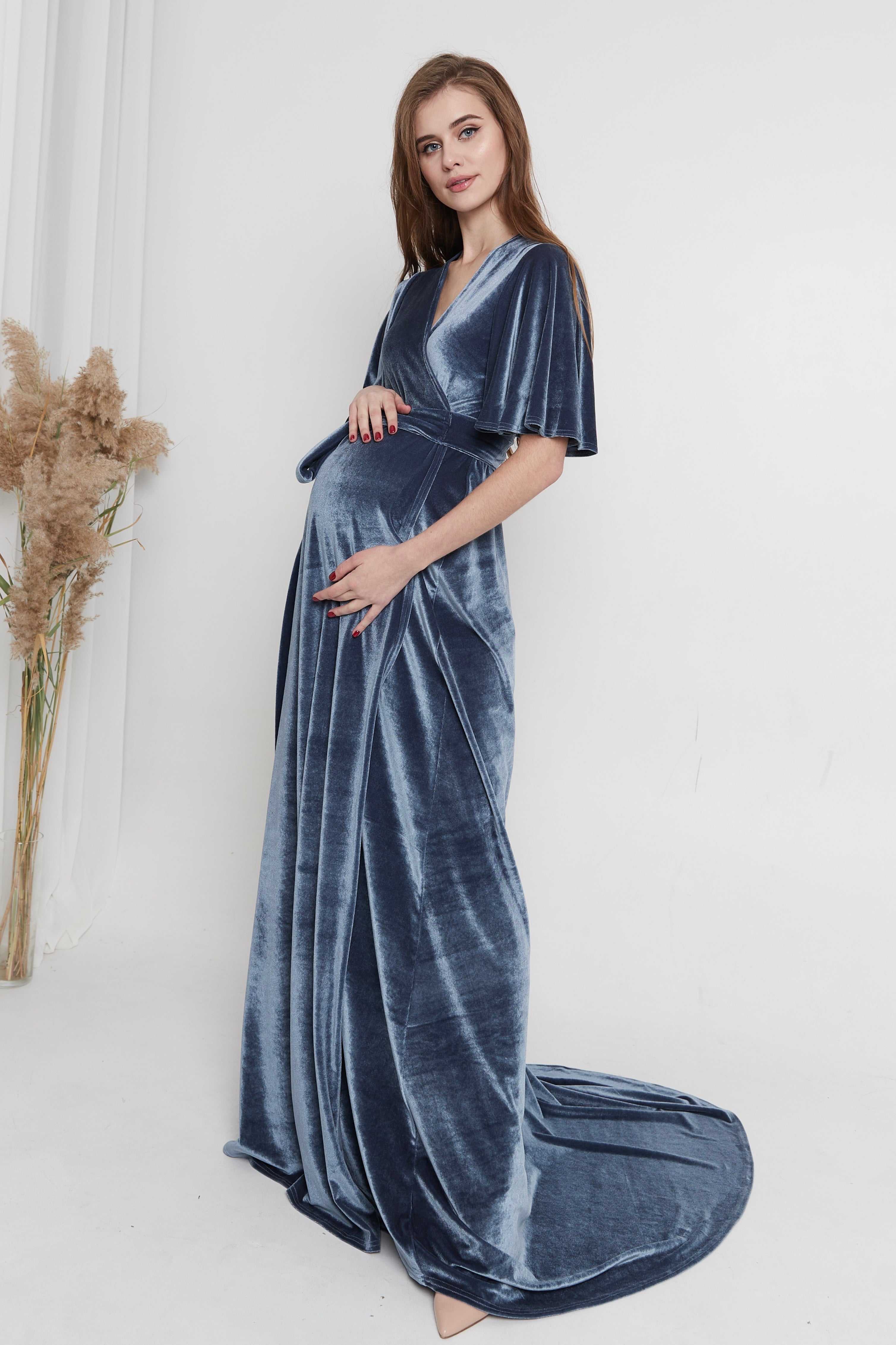 Maternity Velvet Wrap Flutter Sleeve Dress