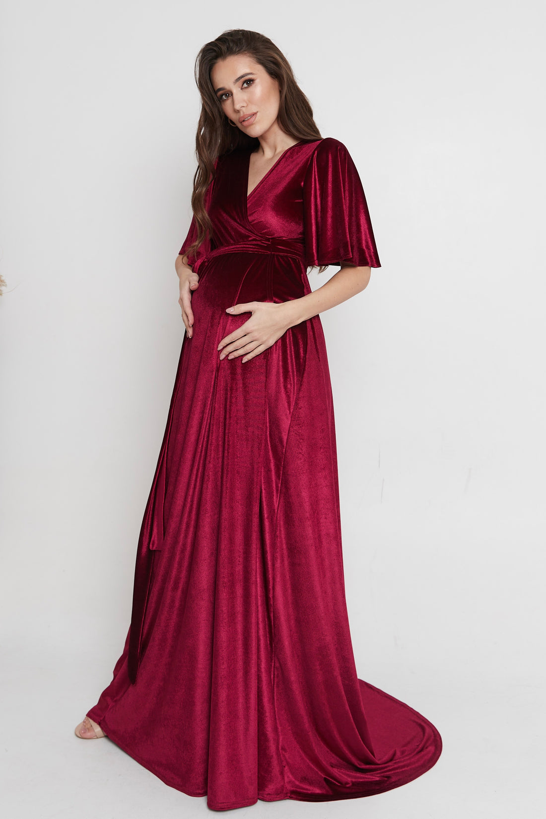 Maternity Velvet Wrap Flutter Sleeve Dress