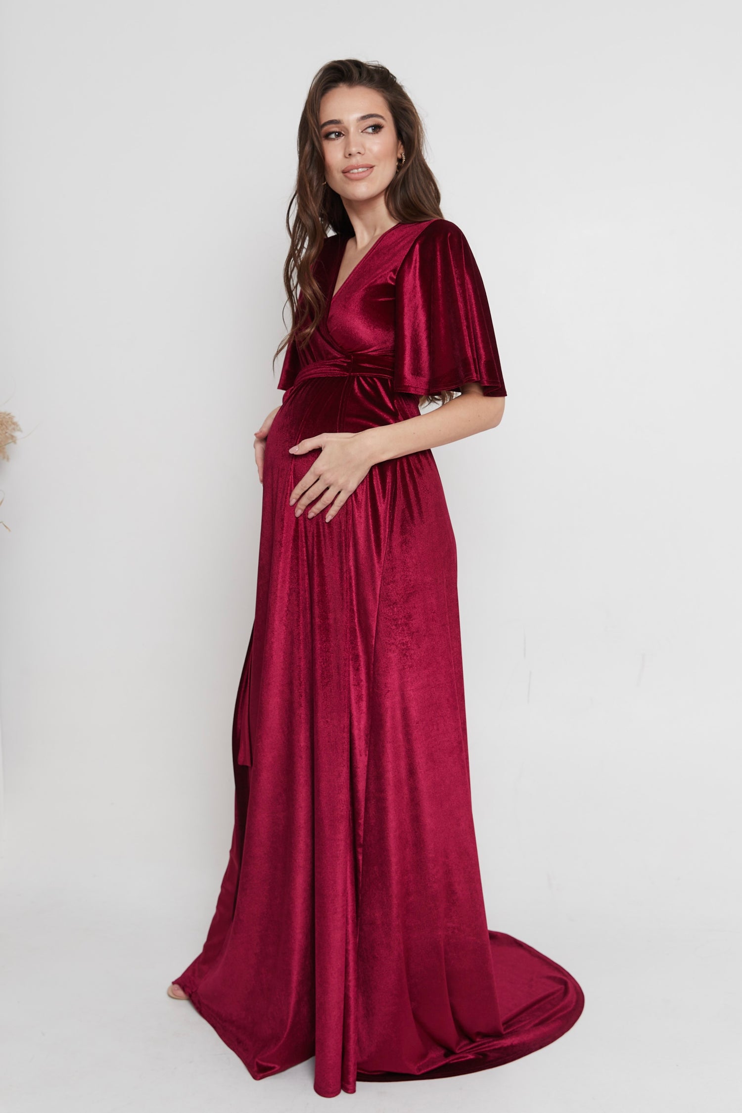 Maternity Velvet Wrap Flutter Sleeve Dress