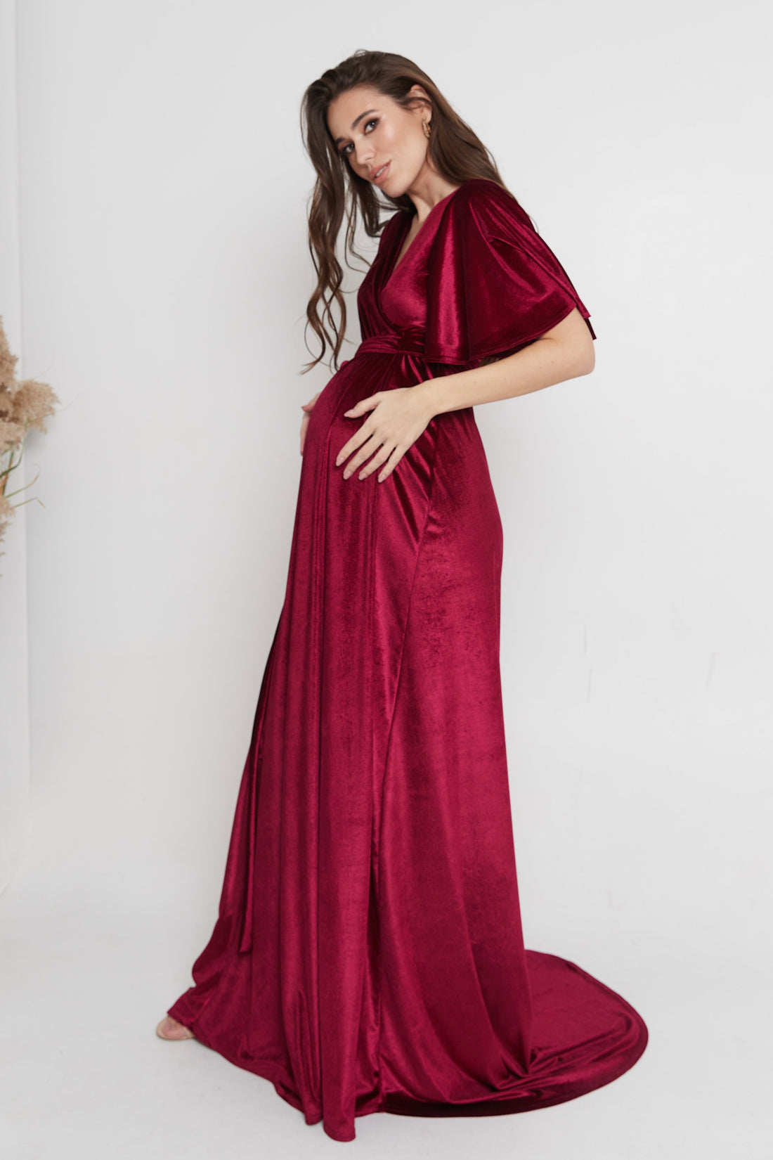 Maternity Velvet Wrap Flutter Sleeve Dress