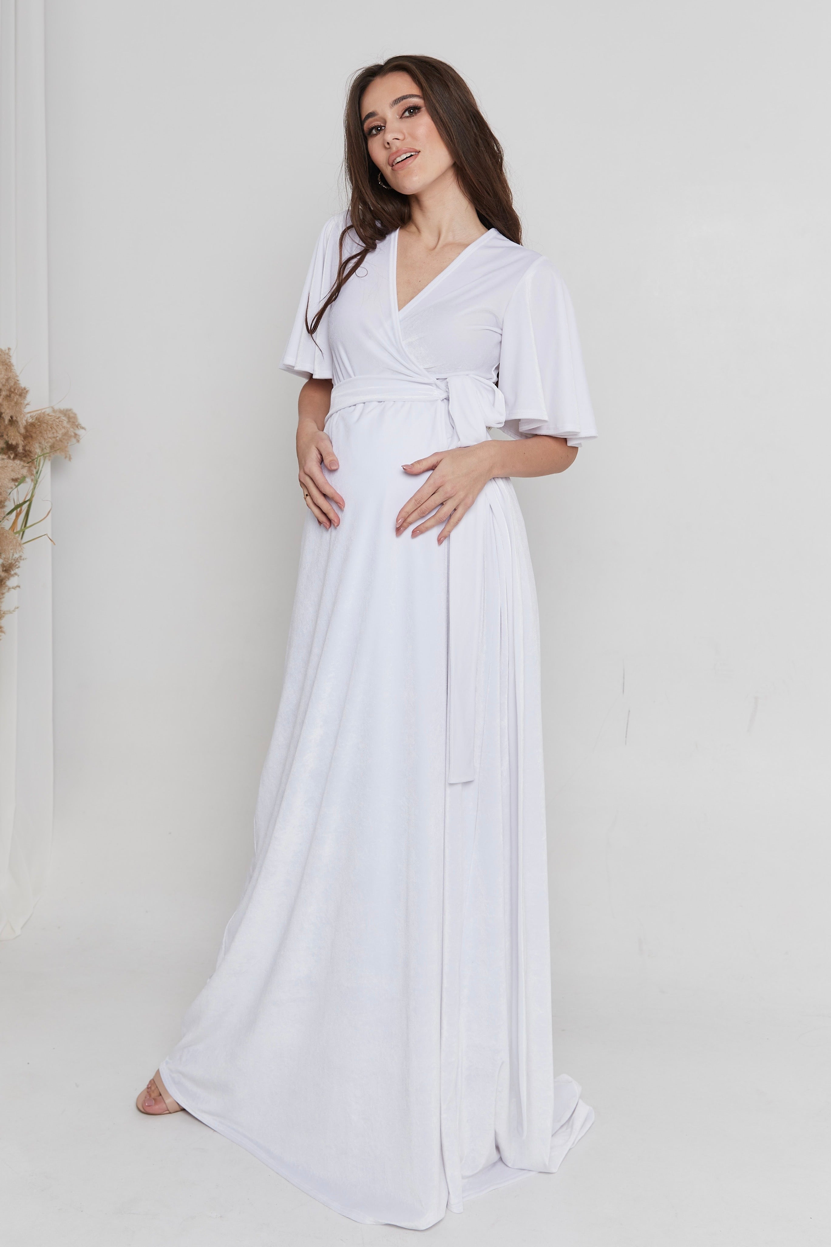 Maternity Velvet Wrap Flutter Sleeve Dress