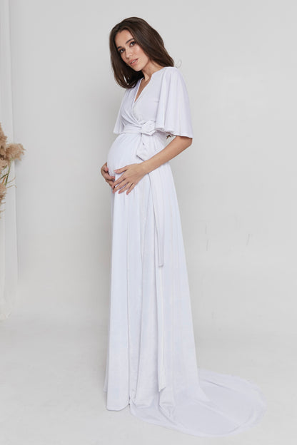 Maternity Velvet Wrap Flutter Sleeve Dress